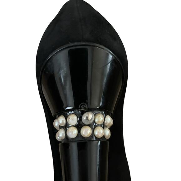 Chanel Black Satin and Patent Leather Cap Toe Pearl Platform Pumps Size 38 - Picture 13 of 14